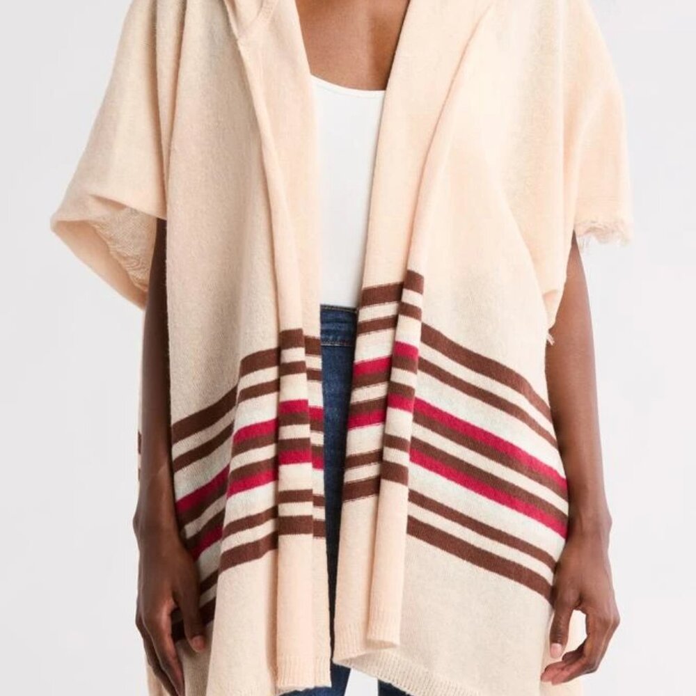 Melrose & Market Hooded Poncho Cape Wrap NWT One Size Beige Striped